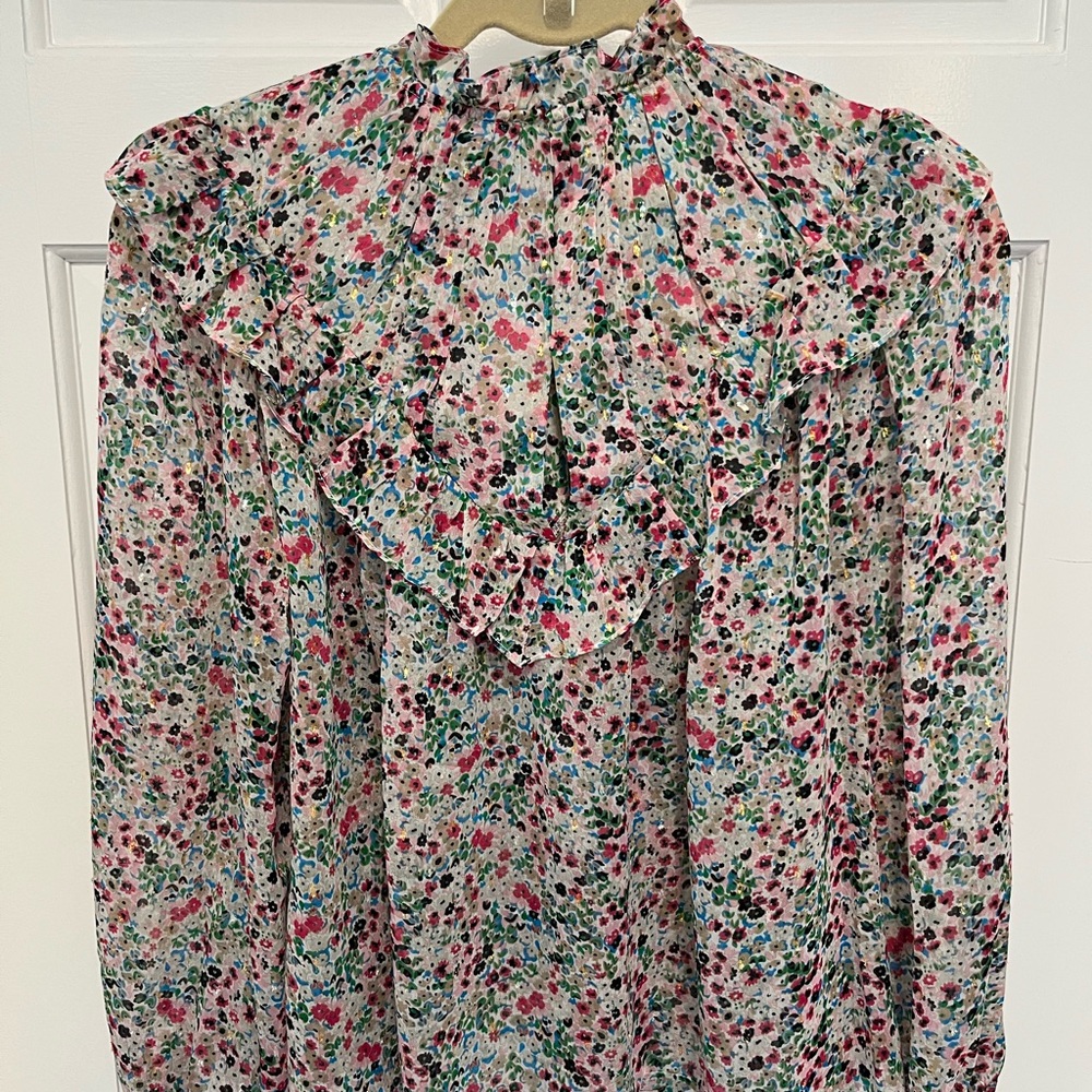 Boden Pink and Red Ruffled Bib Collar Blouse